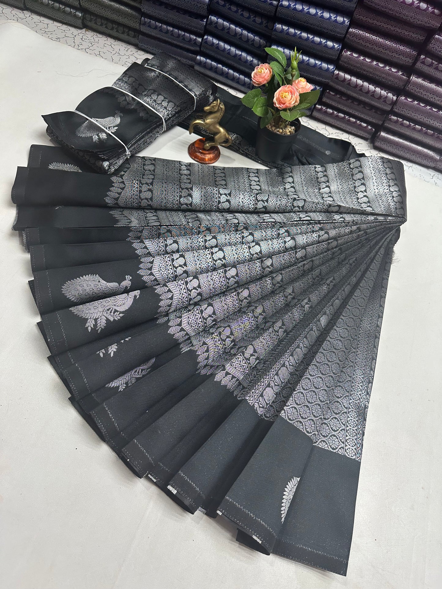 Peacock silver Bridal Saree black with silver