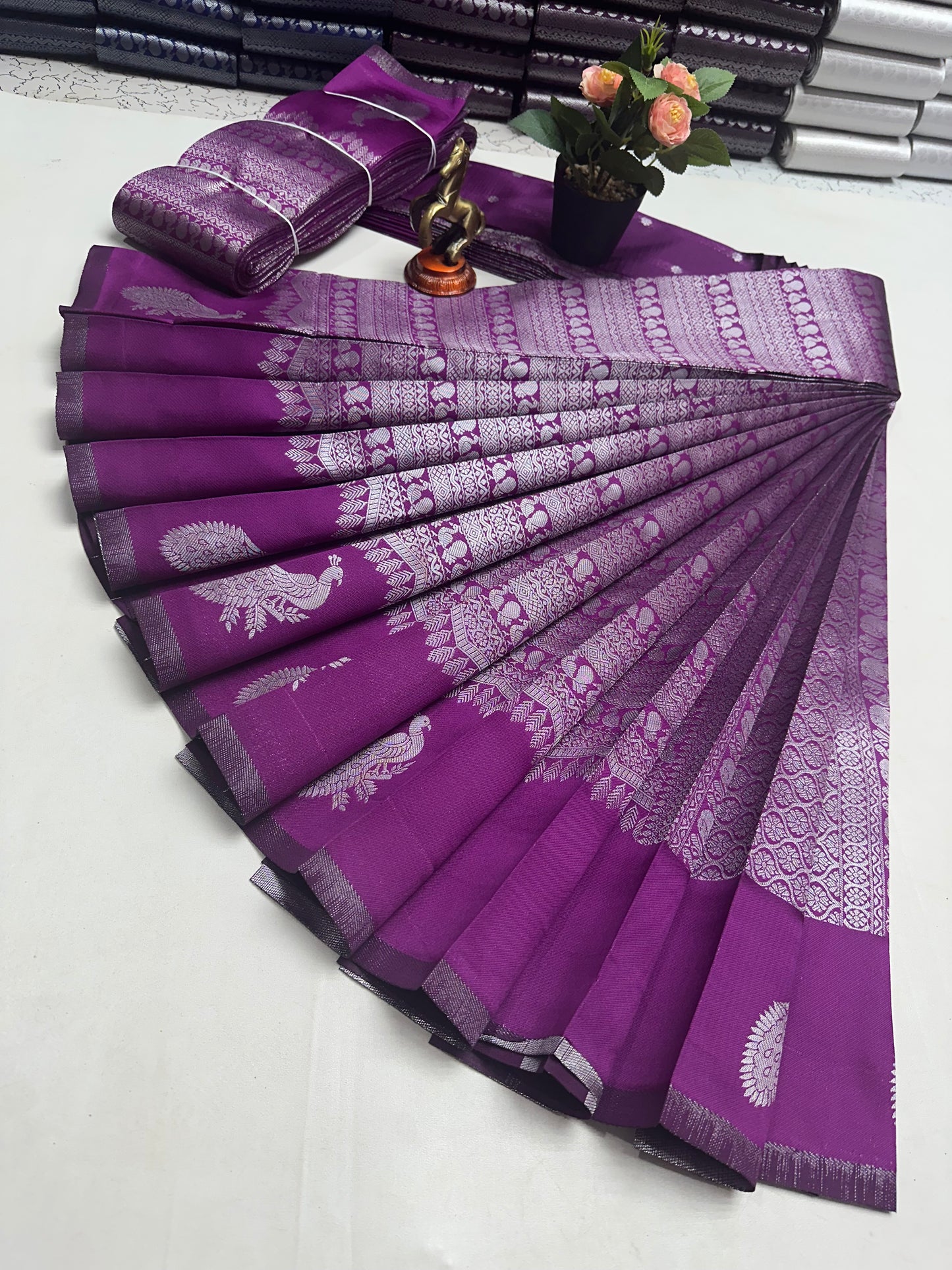 Peacock, silver  bridal saree grab grape rose with silver
