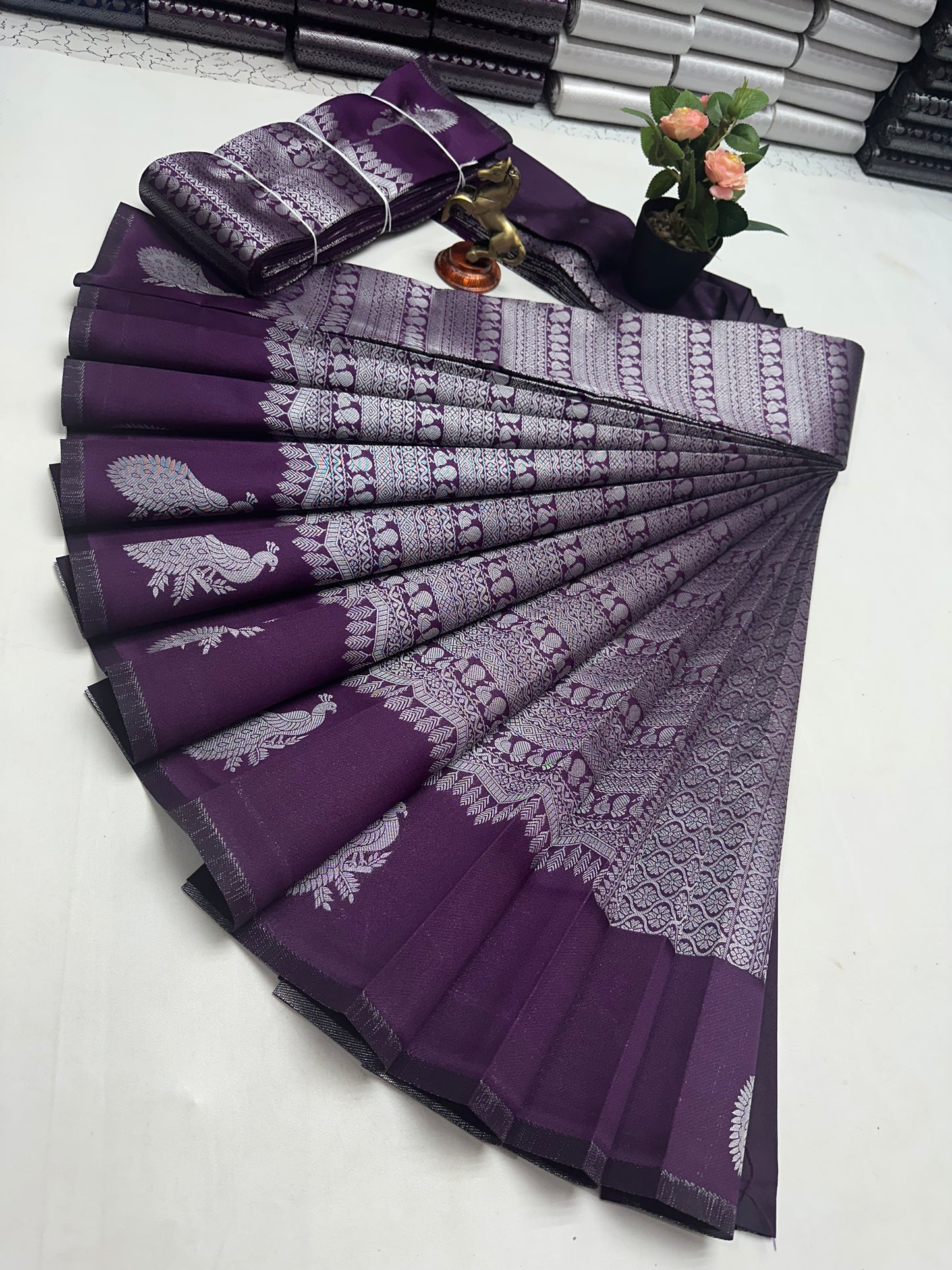 Peacock, silver bridals saree purple silver
