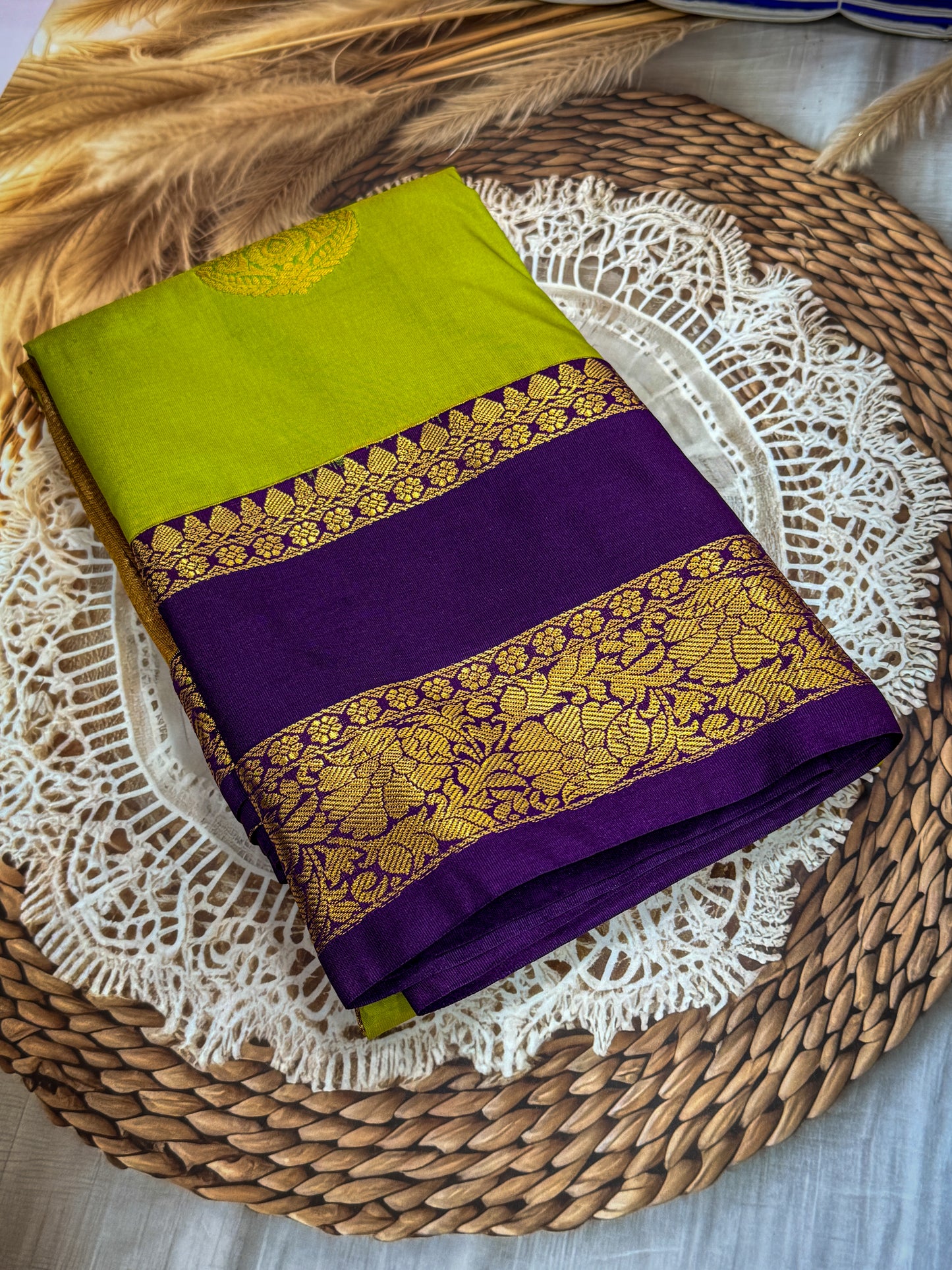 Premium Kanchi Soft Silk Saree – Parrot Green & Royal Purple Contrast | Rich Gold Zari Weaving | Sri Nandhini Tex | SNTKSS001