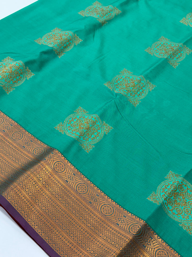 Premium Kanchi Soft Silk Saree – Peacock Green × Rani Pink Contrast | Rich Gold Zari Weaving | Sri Nandhini Tex | SNTKSS002