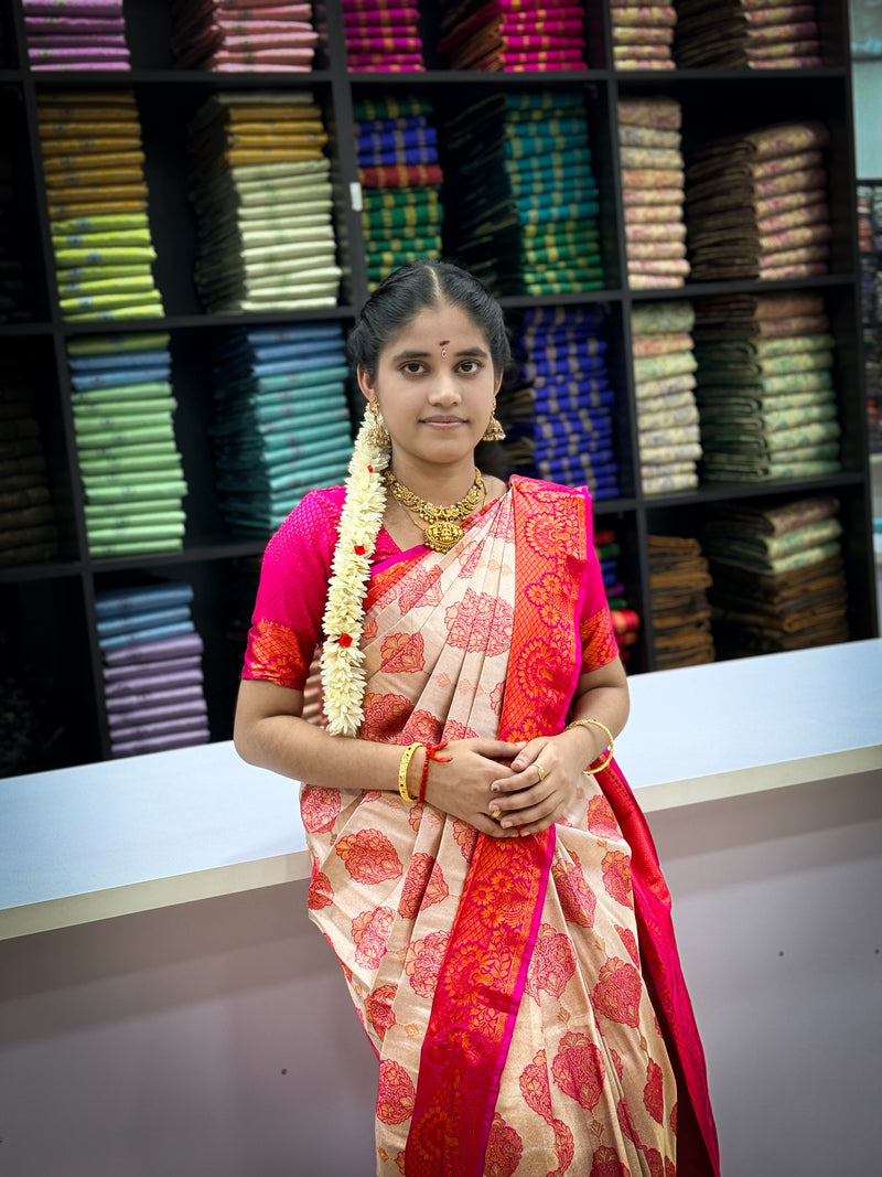 Premium Elampillai Subhamugurtha Pattu Saree – Ivory Cream with Bridal Pink Contrast | Wedding Silk Saree | Sri Nandhini Tex | SNTESP001