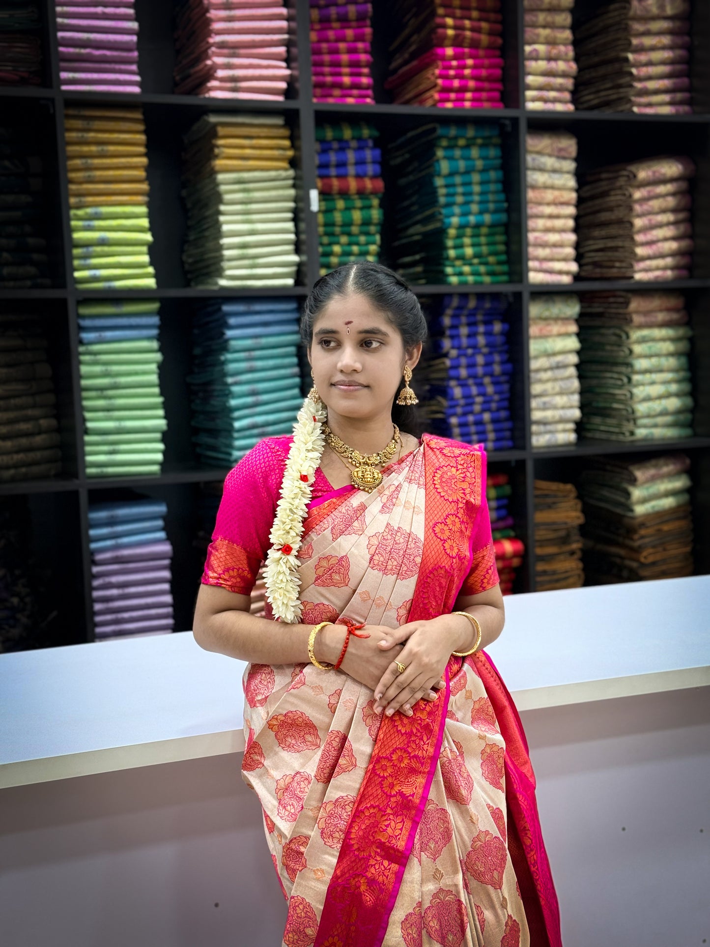 Premium Elampillai Subhamugurtha Pattu Saree – Ivory Cream with Bridal Pink Contrast | Wedding Silk Saree | Sri Nandhini Tex | SNTESP001