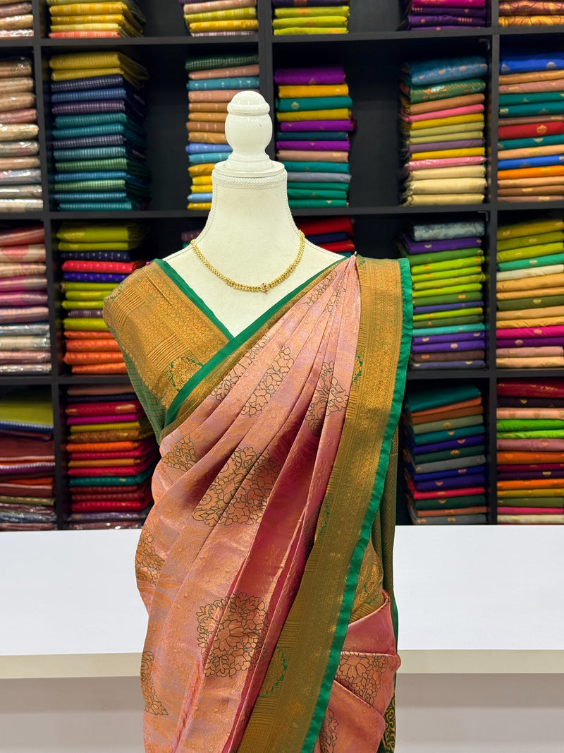 Premium Elampillai Subhalakshana Pattu Saree – Rose Pink with Temple Green Contrast | Wedding Silk Saree | Sri Nandhini Tex | SNTESP001A