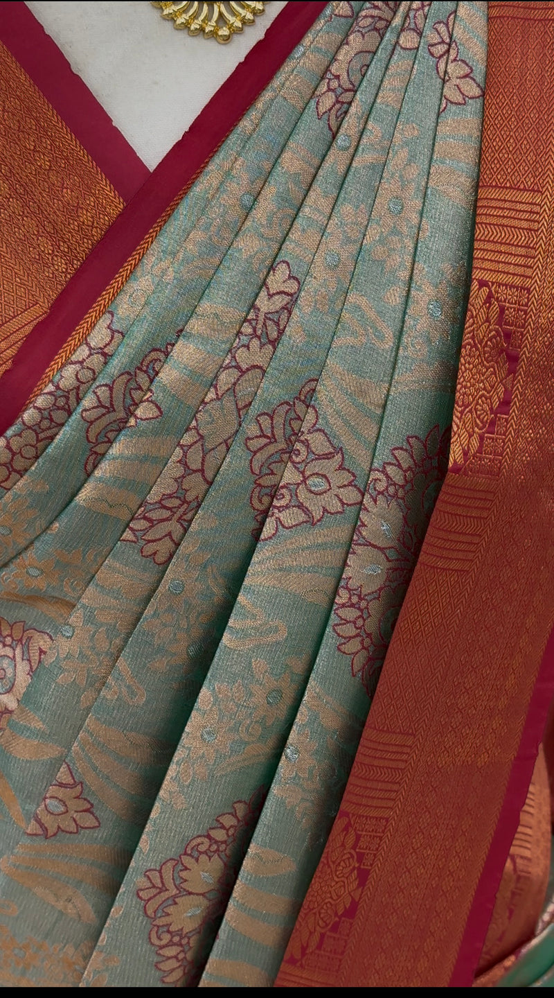 Premium Elampillai Subhalakshana Pattu Saree – Sage Green with Royal Maroon Contrast | Wedding Silk Saree | Sri Nandhini Tex | SNTESP001B