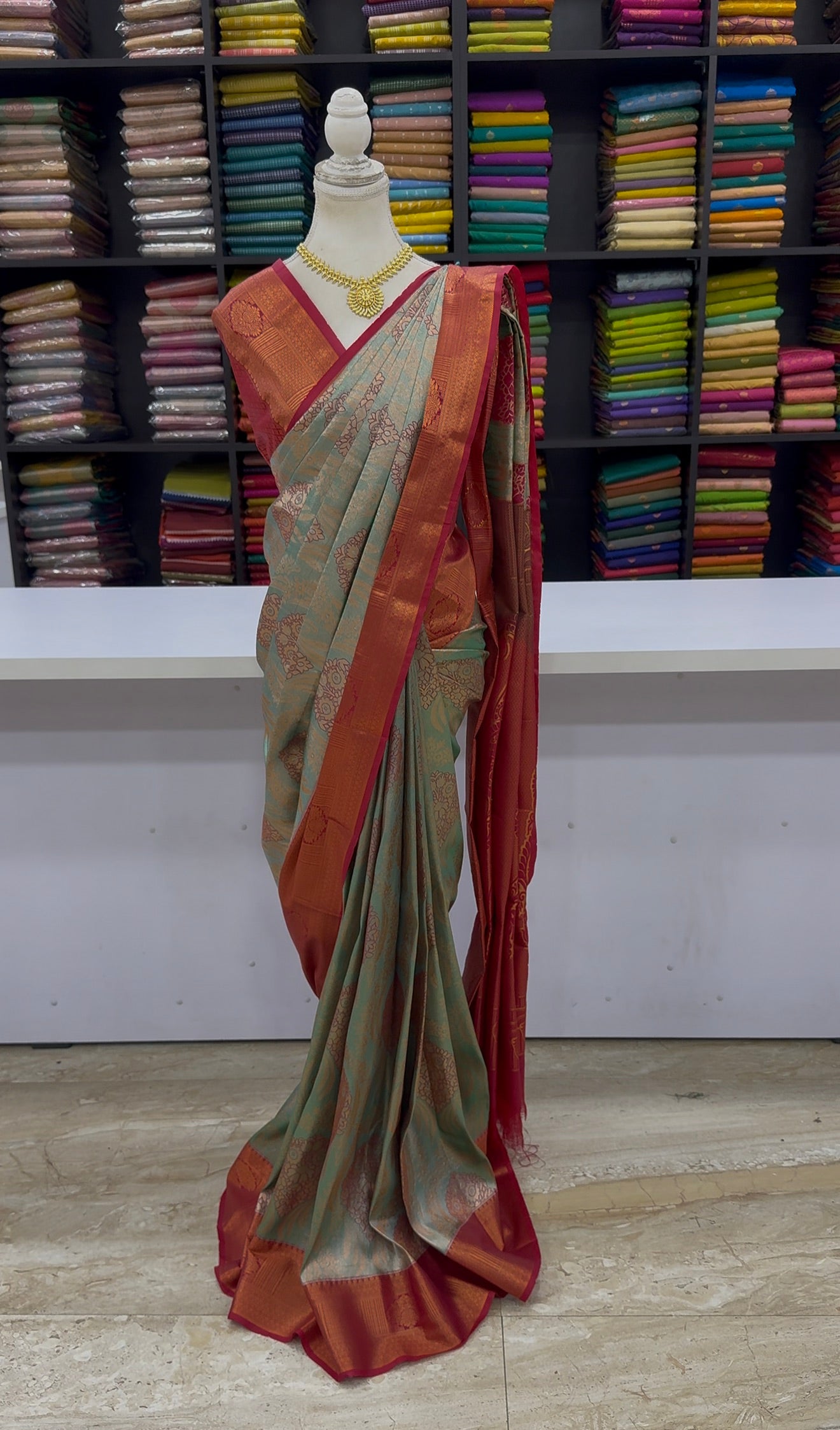 Premium Elampillai Subhalakshana Pattu Saree – Sage Green with Royal Maroon Contrast | Wedding Silk Saree | Sri Nandhini Tex | SNTESP001B