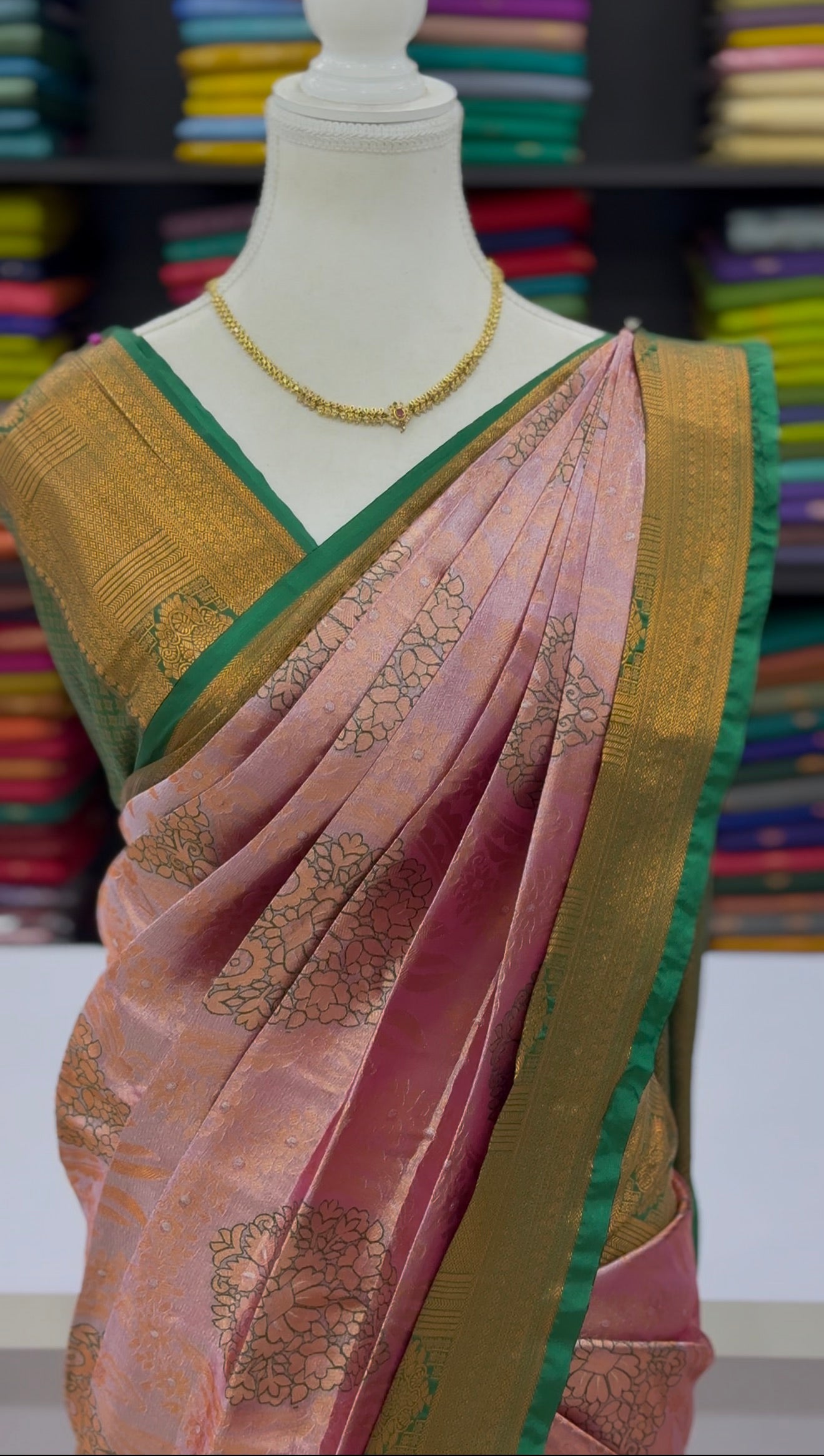 Premium Elampillai Subhalakshana Pattu Saree – Rose Pink with Temple Green Contrast | Wedding Silk Saree | Sri Nandhini Tex | SNTESP001A