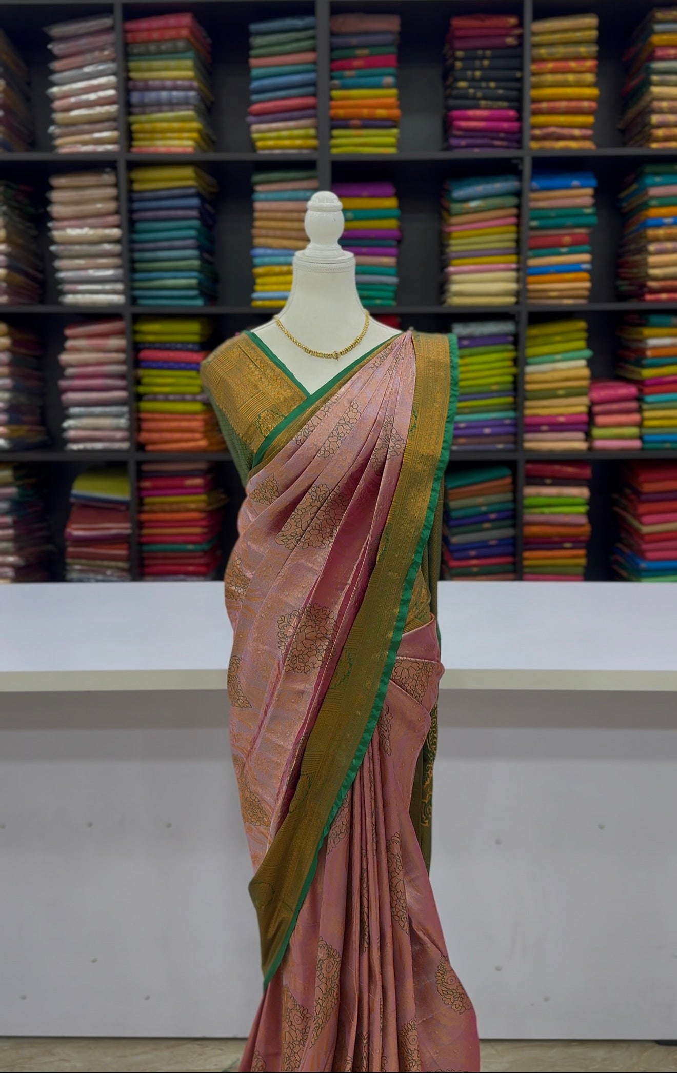 Premium Elampillai Subhalakshana Pattu Saree – Rose Pink with Temple Green Contrast | Wedding Silk Saree | Sri Nandhini Tex | SNTESP001A