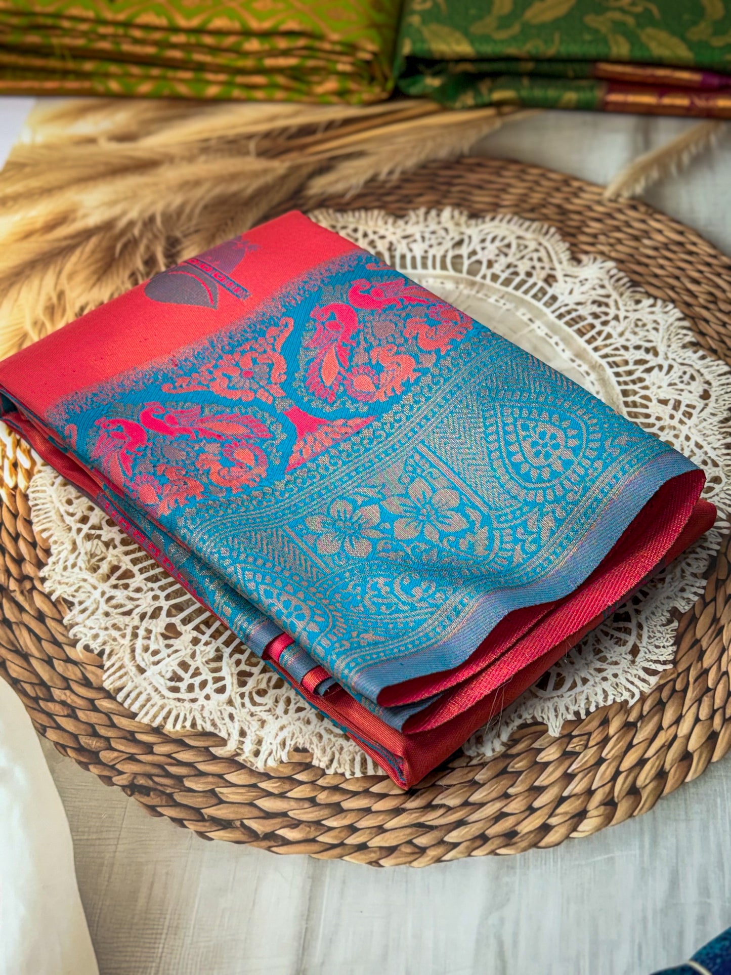 Premium Elampillai Mayuri Silk Saree – Rani Orange with Peacock Blue Contrast | Traditional Wedding Silk Saree | Sri Nandhini Tex | SNTMS001