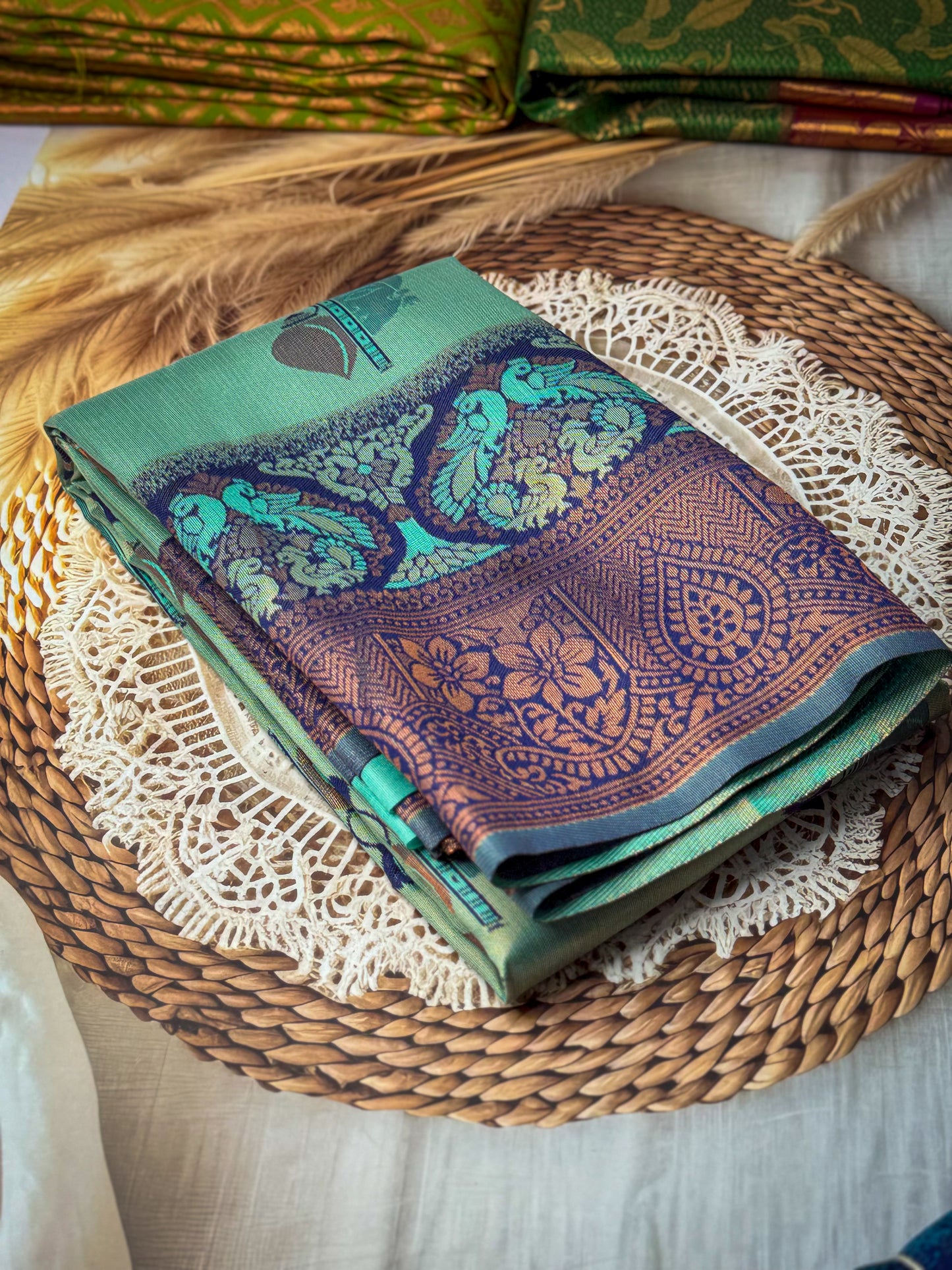 Premium Elampillai Mayuri Silk Saree – Aqua Mint Green with Antique Copper Contrast | Traditional Wedding Silk Saree | Sri Nandhini Tex | SNTMS008