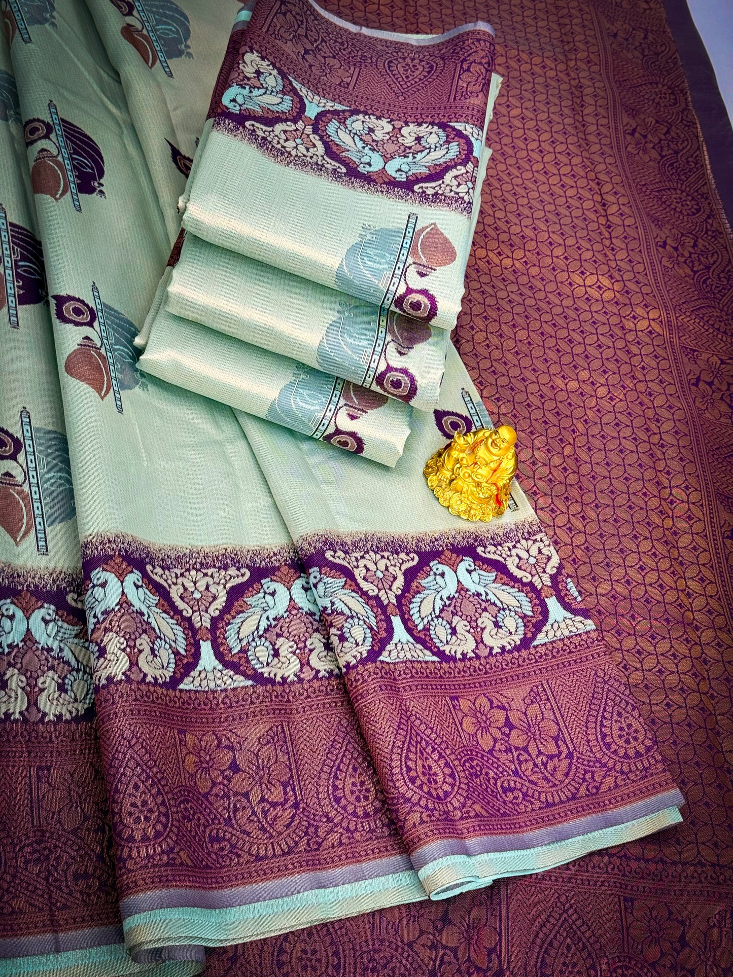 Premium Elampillai Mayuri Silk Saree – Pearl Mint with Royal Plum Contrast | Traditional Wedding Silk Saree | Sri Nandhini Tex | SNTMS009