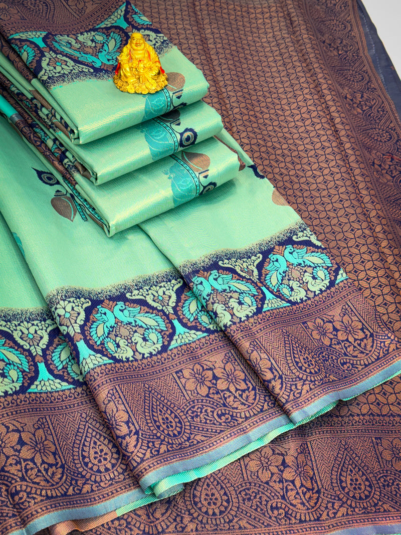 Premium Elampillai Mayuri Silk Saree – Aqua Mint Green with Antique Copper Contrast | Traditional Wedding Silk Saree | Sri Nandhini Tex | SNTMS008