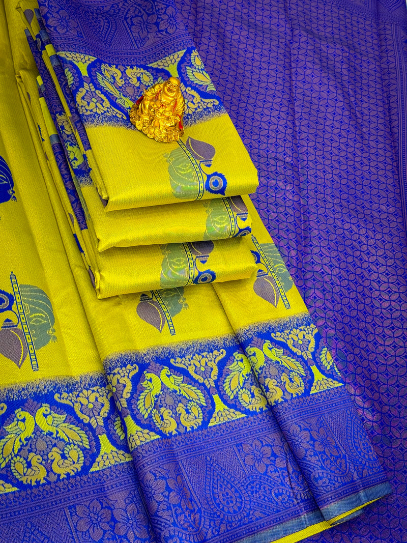 Premium Elampillai Mayuri Silk Saree – Sunflower Yellow with Royal Blue Contrast | Traditional Wedding Silk Saree | Sri Nandhini Tex | SNTMS007