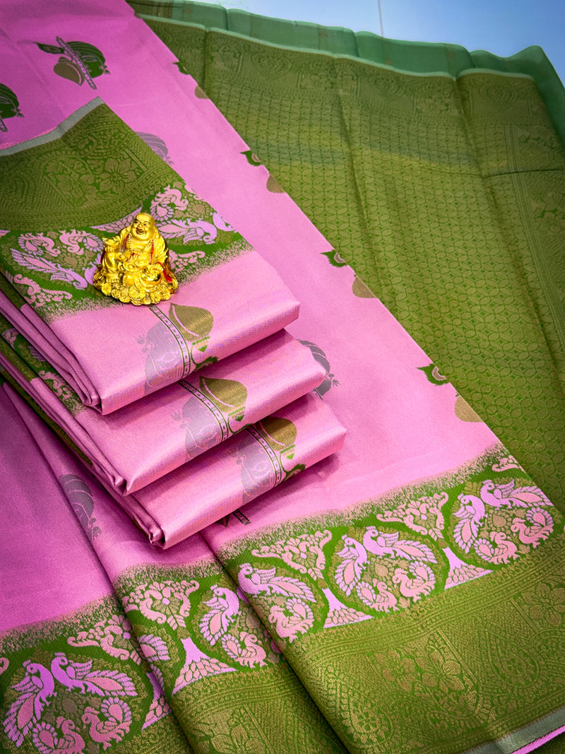 Premium Elampillai Mayuri Silk Saree – Lotus Pink with Olive Green Contrast | Traditional Wedding Silk Saree | Sri Nandhini Tex | SNTMS006