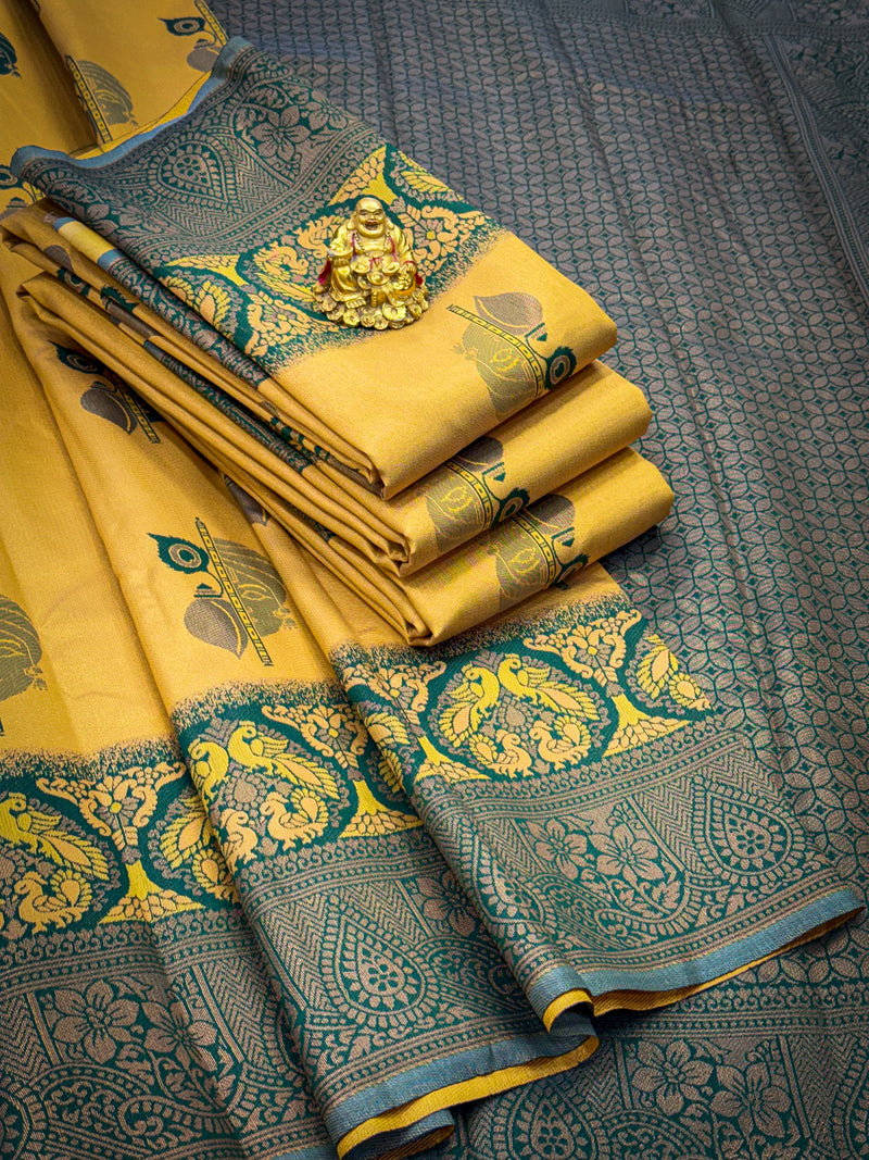 Premium Elampillai Mayuri Silk Saree – Mustard Gold with Peacock Green Contrast | Traditional Wedding Silk Saree | Sri Nandhini Tex | SNTMS005