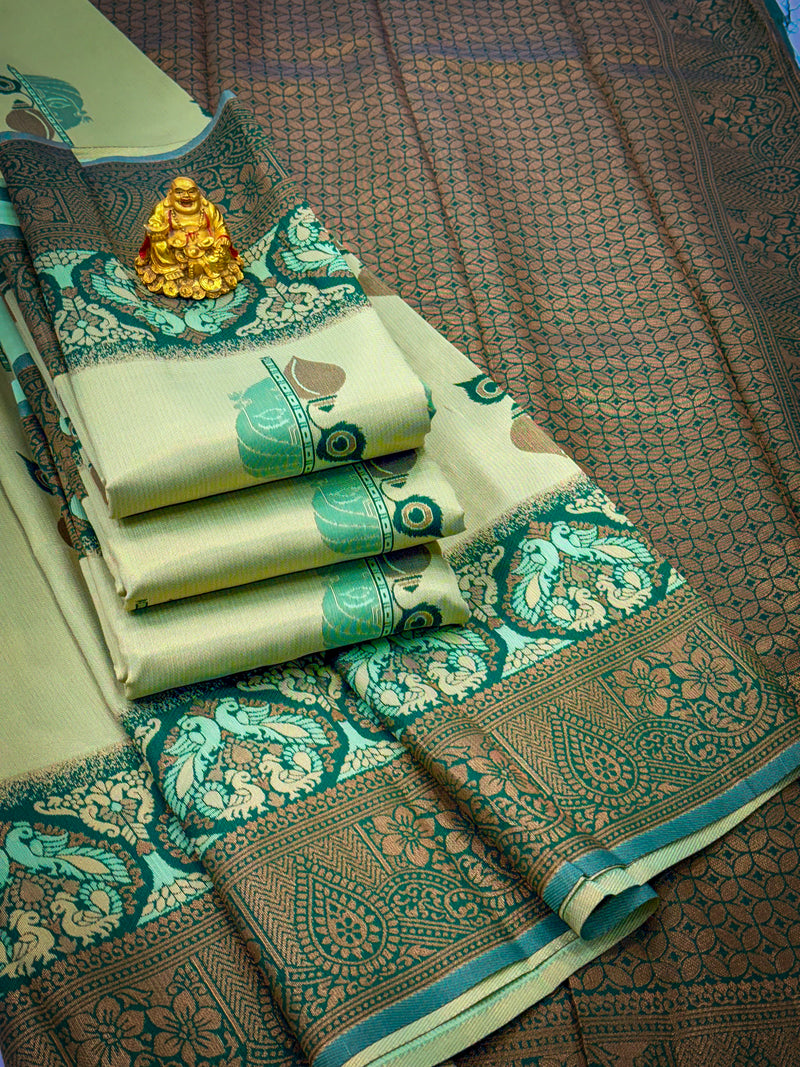 Premium Elampillai Mayuri Silk Saree – Pastel Green with Emerald Green Contrast | Traditional Wedding Silk Saree | Sri Nandhini Tex | SNTMS004