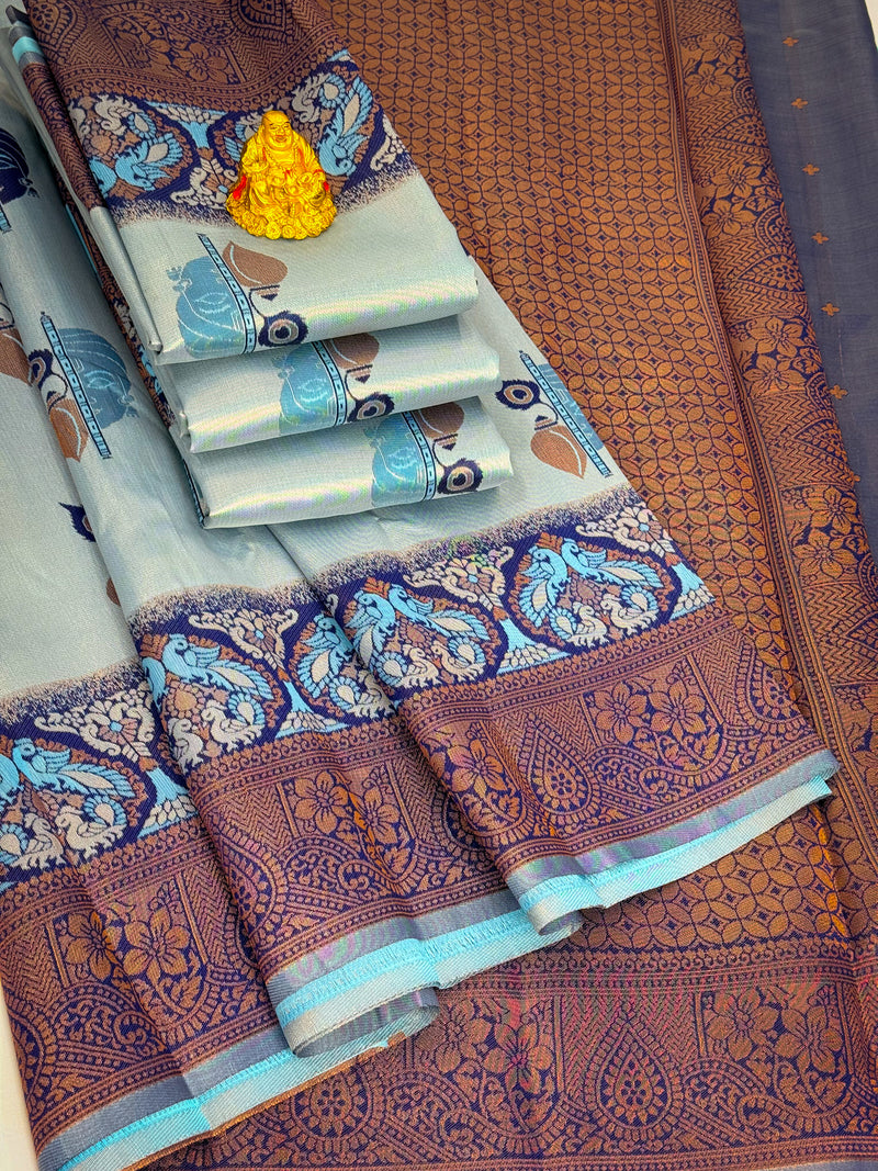 Premium Elampillai Mayuri Silk Saree – Ice Blue with Antique Mauve Contrast | Traditional Wedding Silk Saree | Sri Nandhini Tex | SNTMS003
