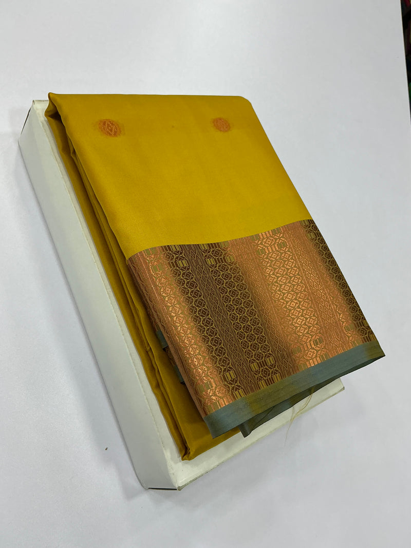 Premium Soft Silk Saree – Mustard Yellow with Antique Gold Zari Border | Sri Nandhini Tex | SNTSS019