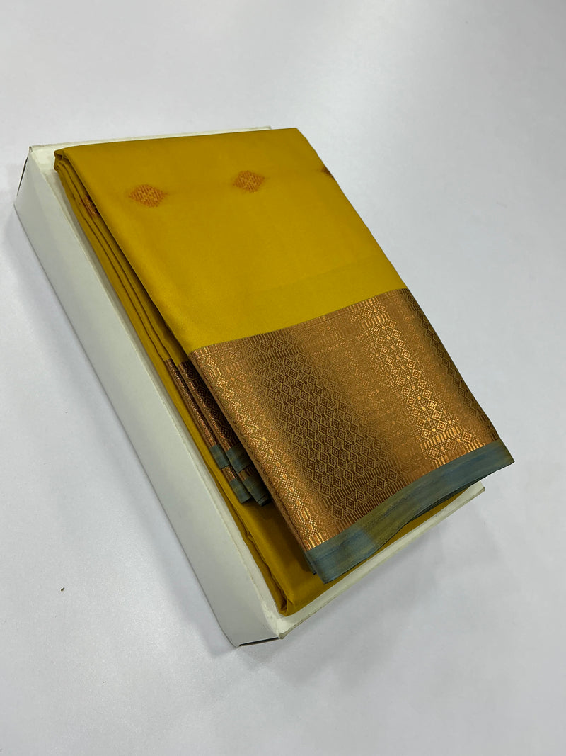 Premium Soft Silk Saree – Golden Mustard with Heritage Zari Border | Sri Nandhini Tex | SNTSS022