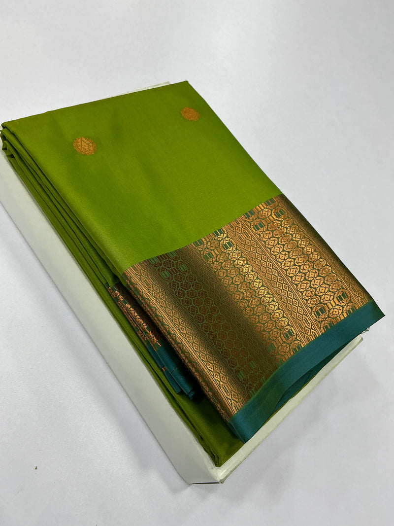 Premium Soft Silk Saree – Parrot Green with Teal Temple Border | Sri Nandhini Tex | SNTSS023