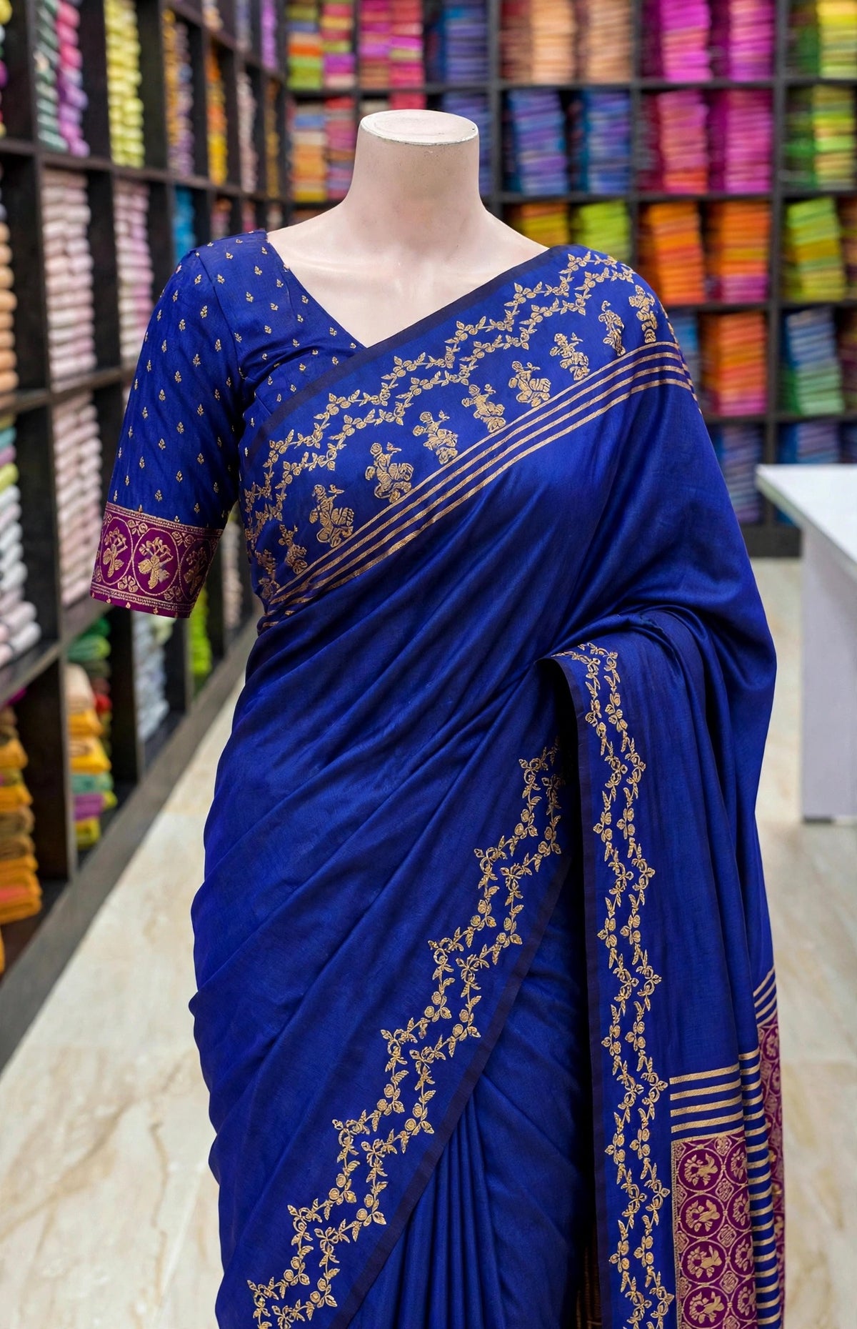 Rashmika Inspired Navy Blue Premium Soft Finish Saree | Gold Zari Border | Sri Nandhini Tex | SNTRS001