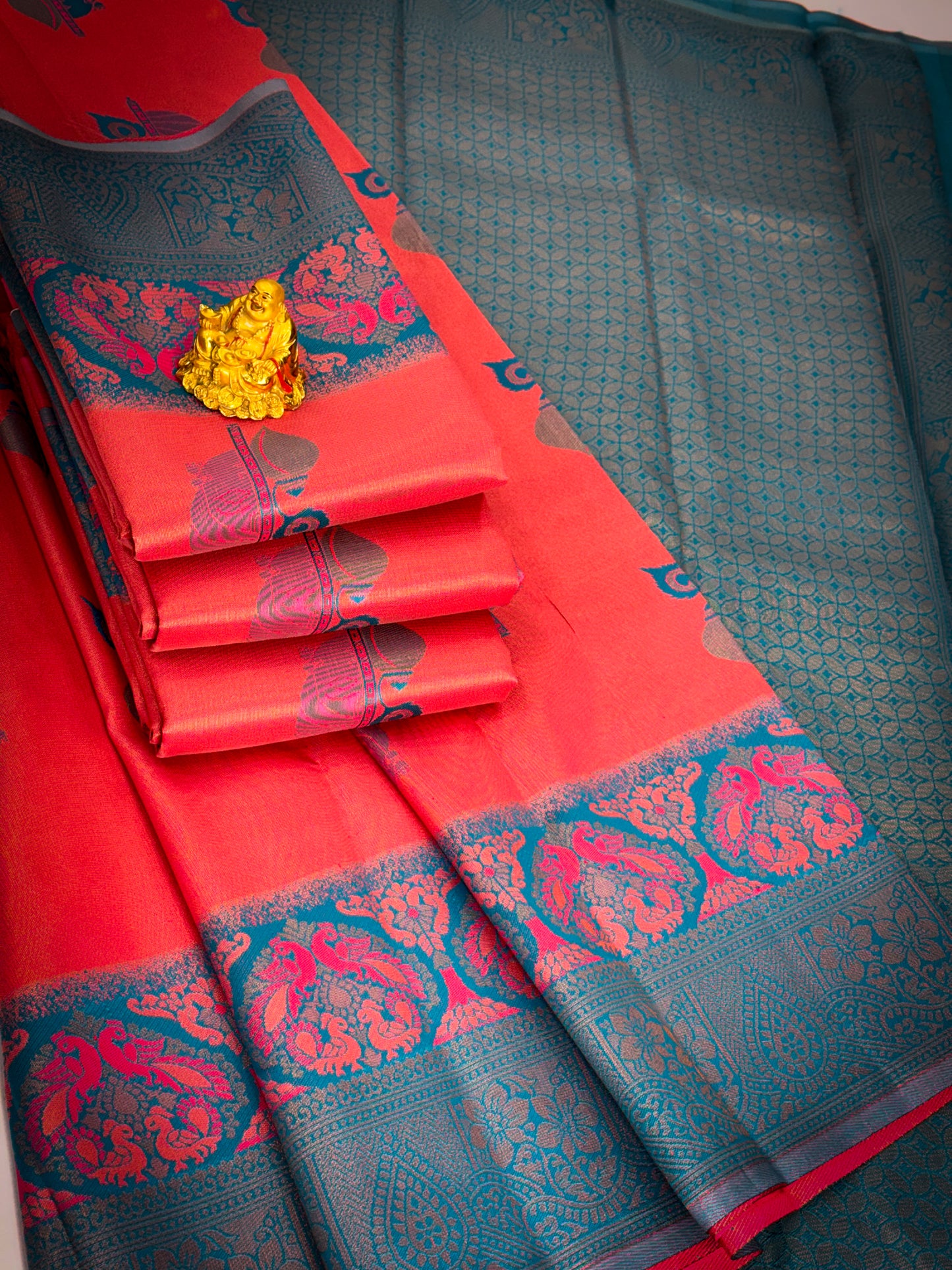 Premium Elampillai Mayuri Silk Saree – Rani Orange with Peacock Blue Contrast | Traditional Wedding Silk Saree | Sri Nandhini Tex | SNTMS001