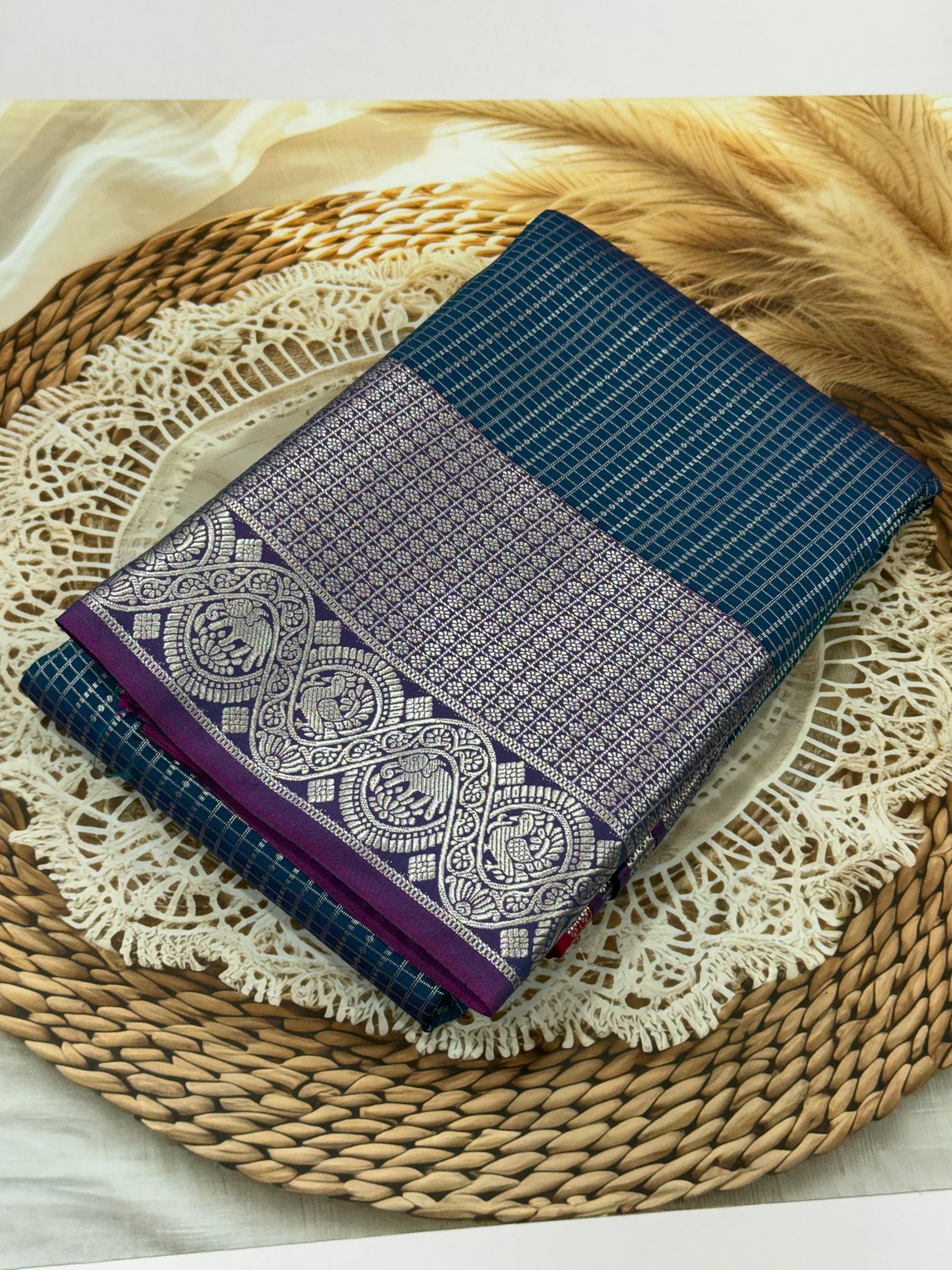 Elampillai Silver Bridal Saree Blue with Pink