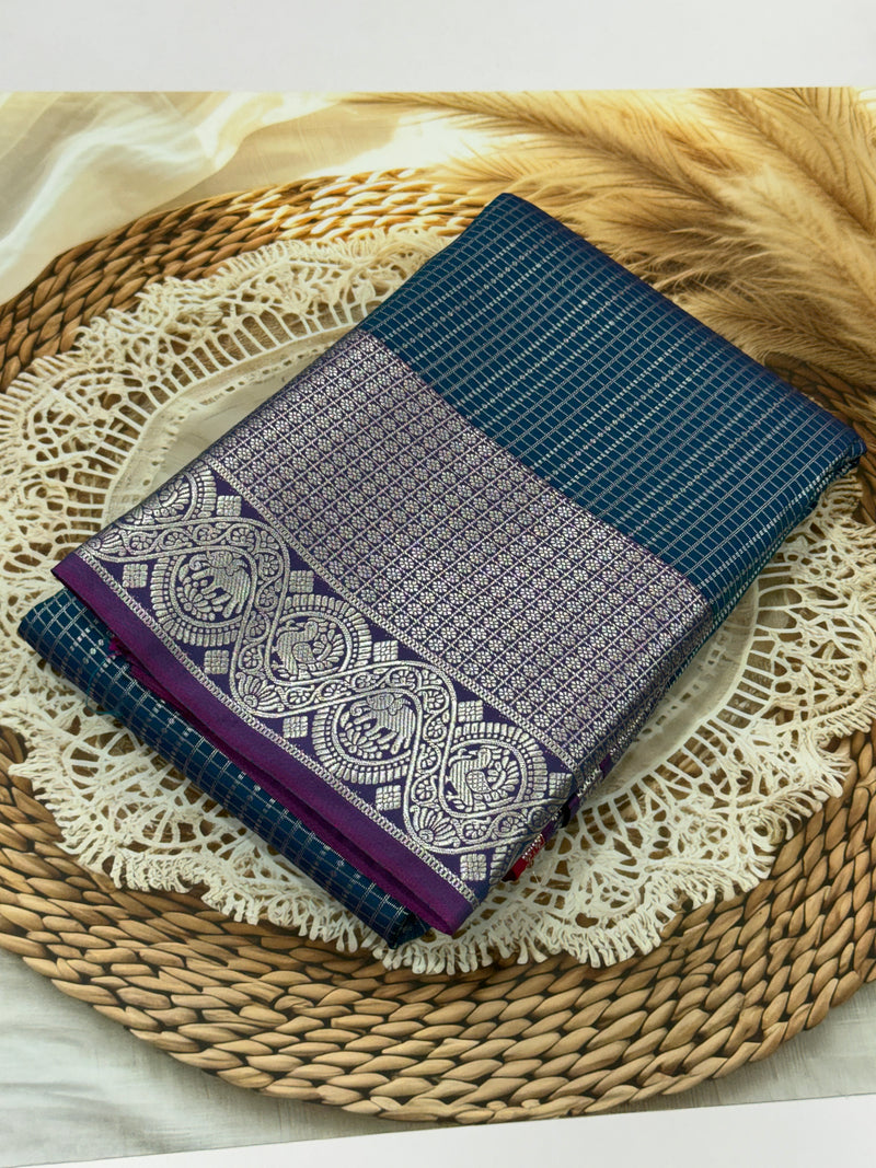 Elampillai Silver Bridal Saree Blue with Pink