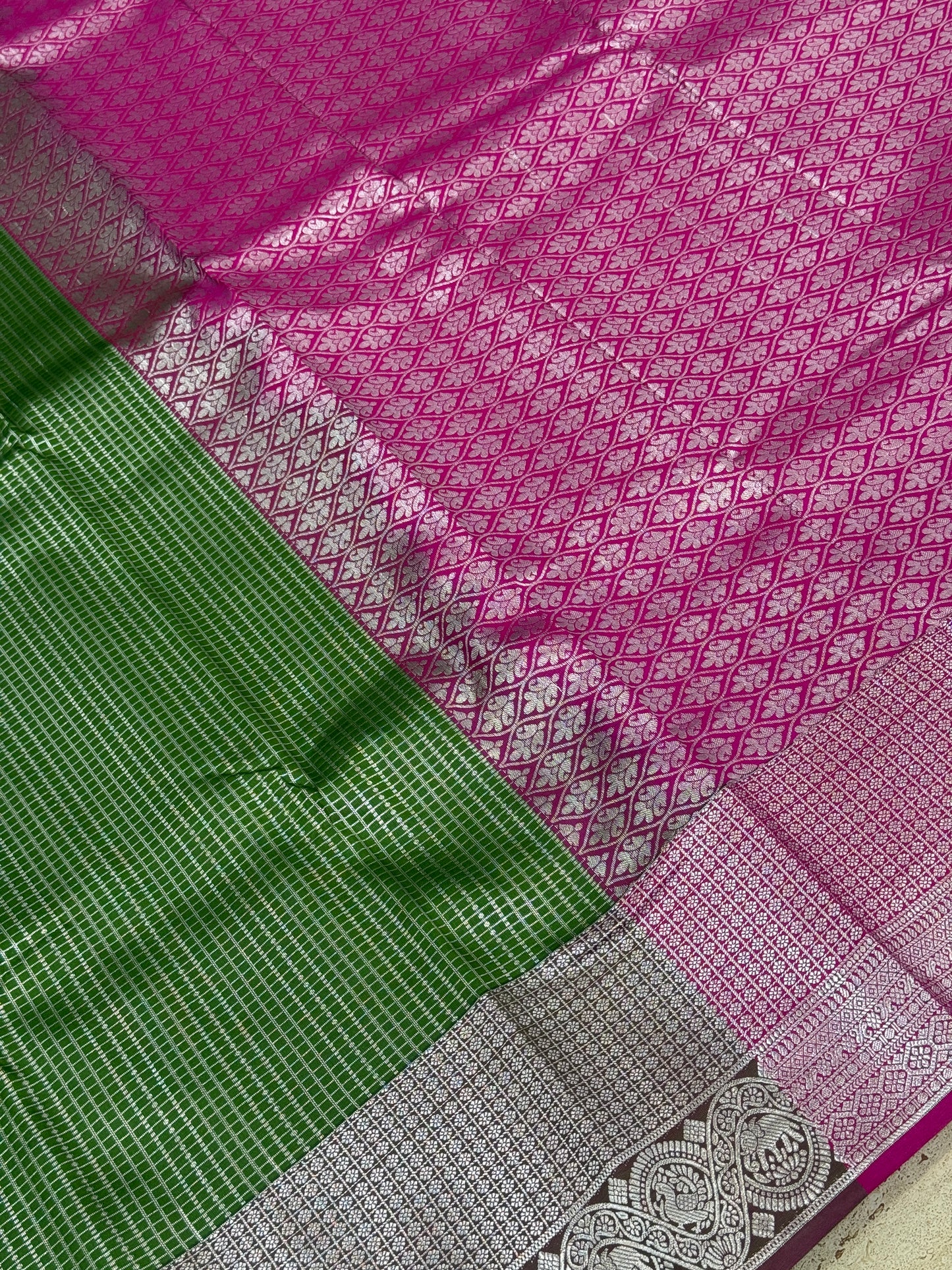 Elampillai Silver Bridal Sarees Green with Pink