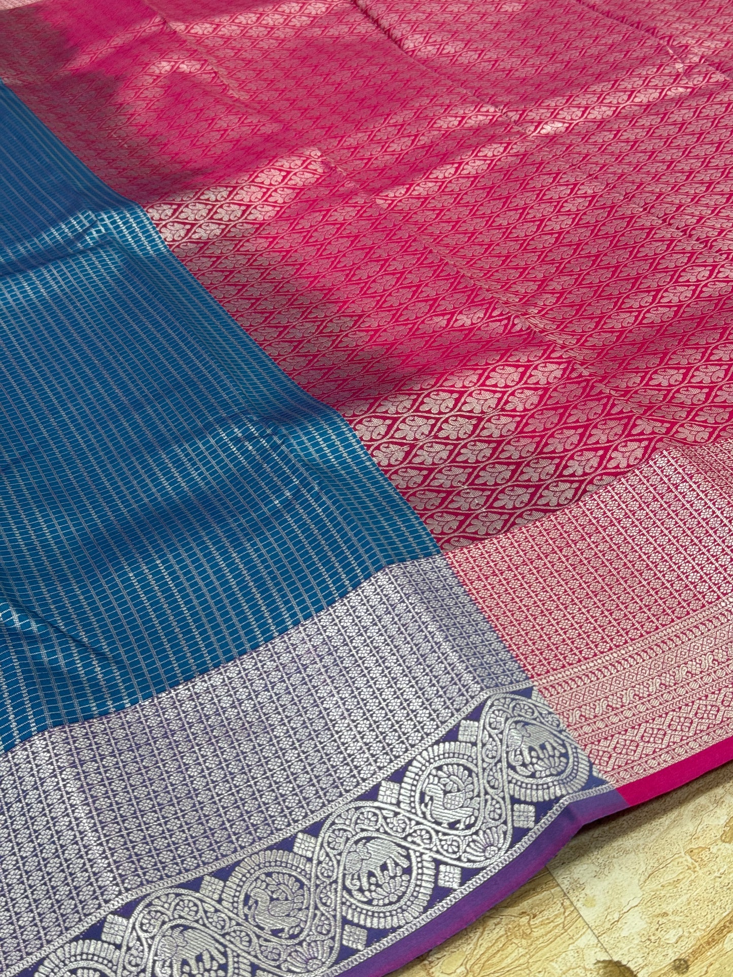 Elampillai Silver Bridal Saree Blue with Pink