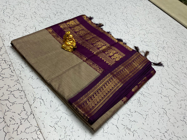 Kalyani Cotton – Ash Beige with Violet Gold Temple Border