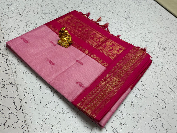 Kalyani Cotton – Baby Pink with Red Gold Pallu