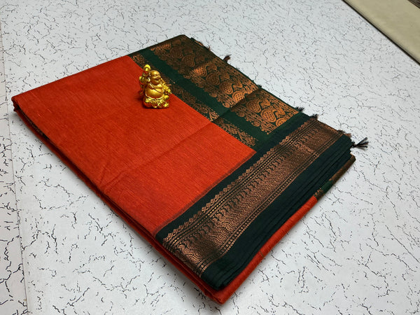 Kalyani Cotton – Brick Red with Dark Green Copper Border