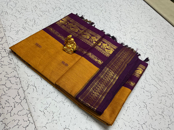 Kalyani Cotton – Deep Mustard with Rich Violet Zari Work