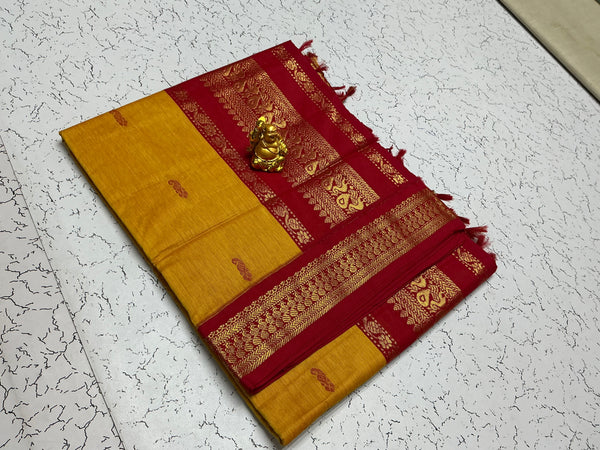 Kalyani Cotton – Golden Mustard with Rich Red Temple Zari Border and Buttas