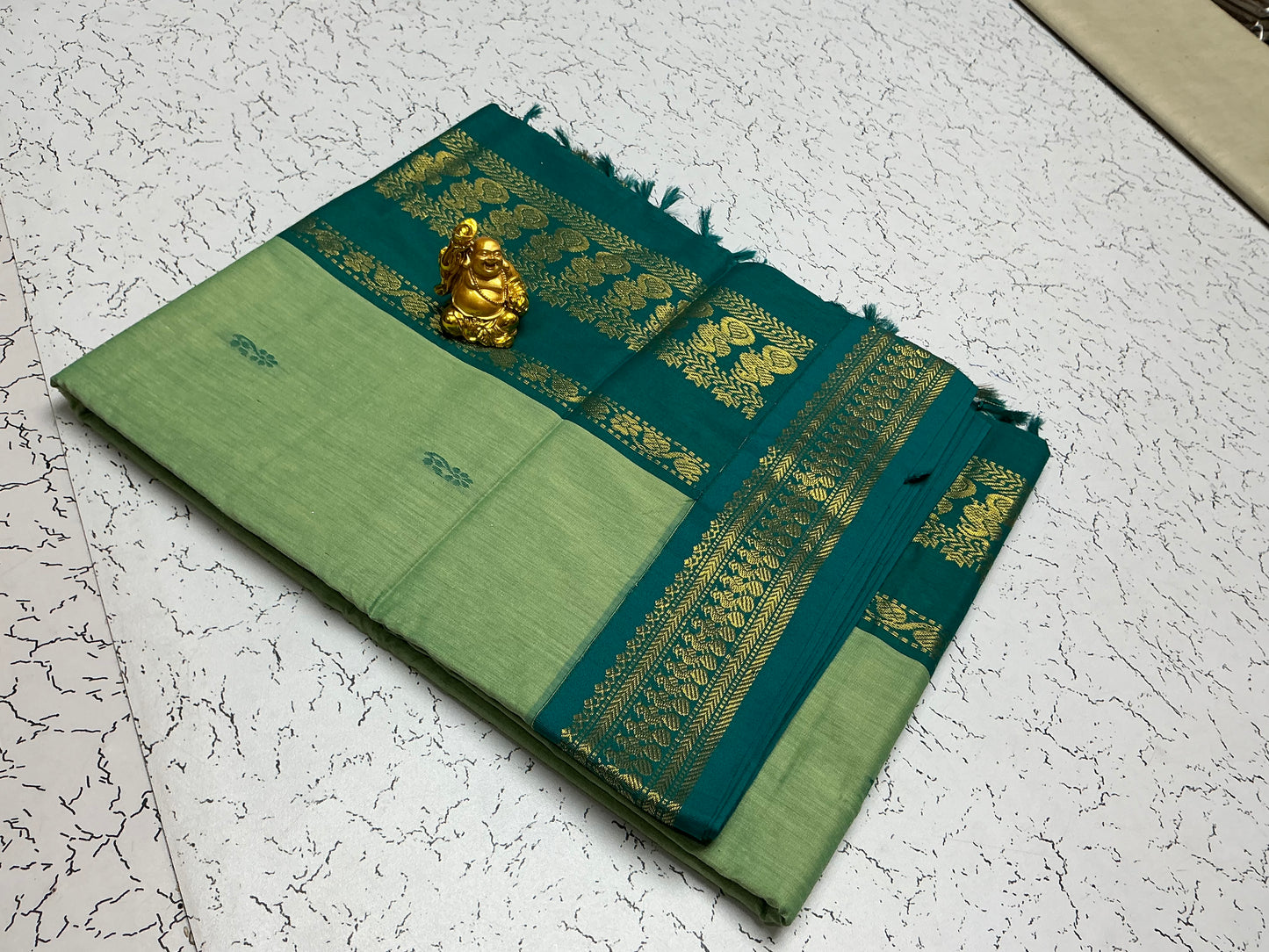 Kalyani Cotton – Light Pista Green with Bottle Zari Border
