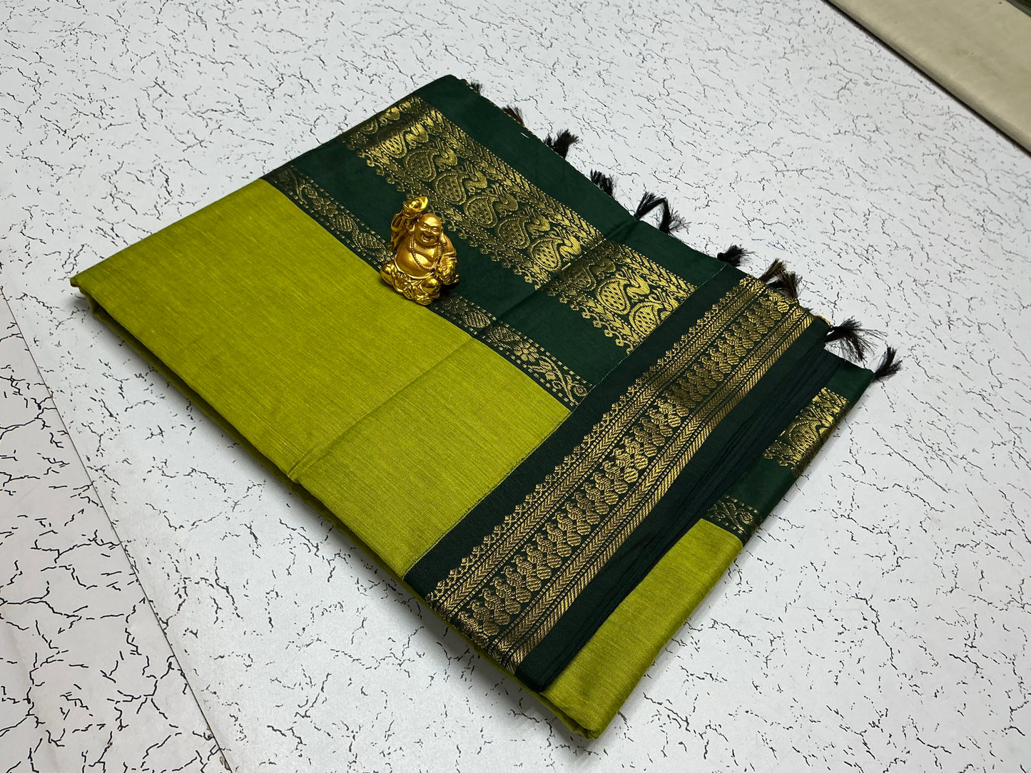 Kalyani Cotton – Lime Green with Dark Green Floral Zari