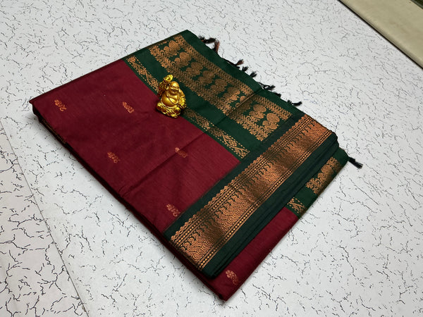Kalyani Cotton – Maroon with Rich Green Zari Buttas
