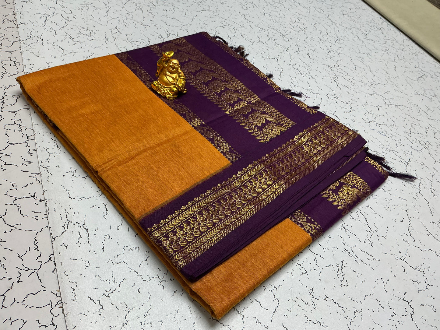 Kalyani Cotton – Mustard Orange with Violet Zari Pallu