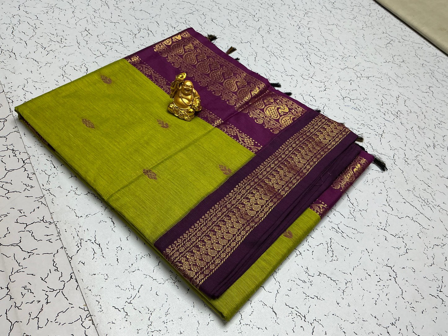 Kalyani Cotton – Parrot Green with Purple Copper Jari