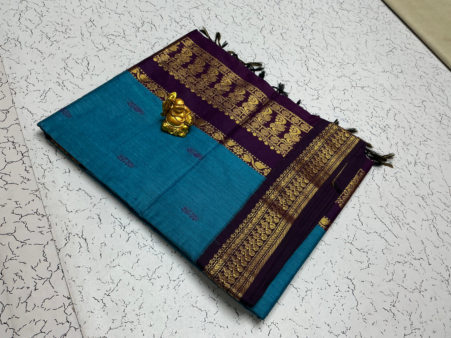 Kalyani Cotton – Peacock Blue with Purple Temple Border