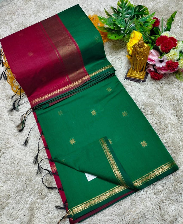 MAHESWARI COTTON - Bottle Green with Maroon Border