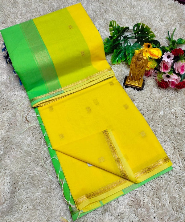 MAHESWARI COTTON - Bright Yellow with Leaf Green Border