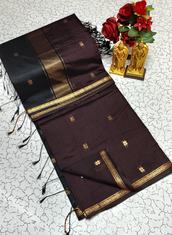 MAHESWARI COTTON - Deep Coffee Brown with Black Border