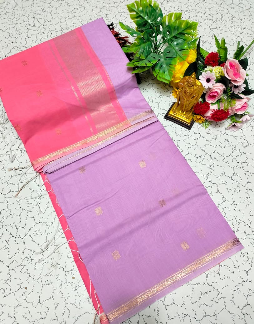 MAHESWARI COTTON - Lavender with Rose Pink Border
