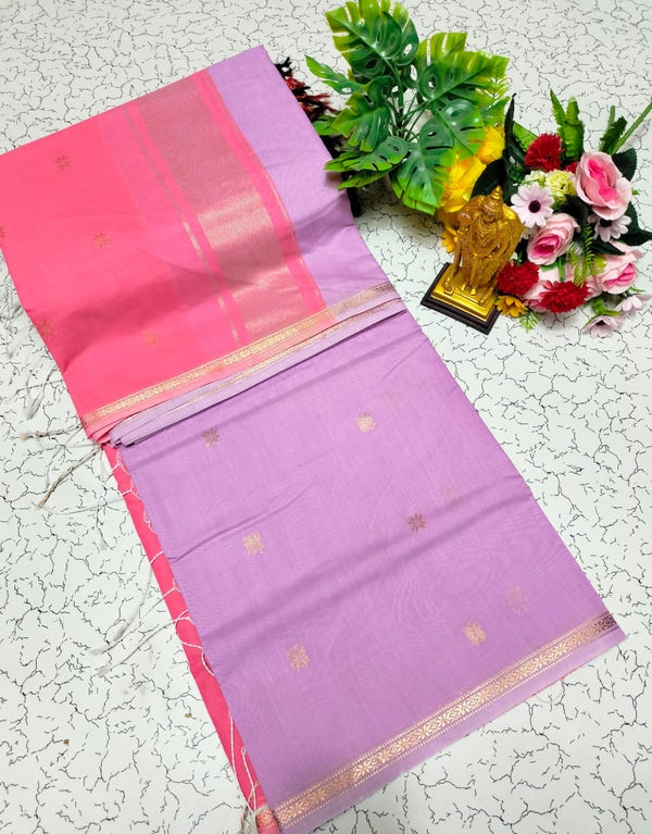 MAHESWARI COTTON - Lavender with Rose Pink Border