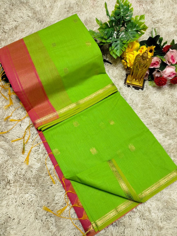 MAHESWARI COTTON - Leaf Green with Pink Border