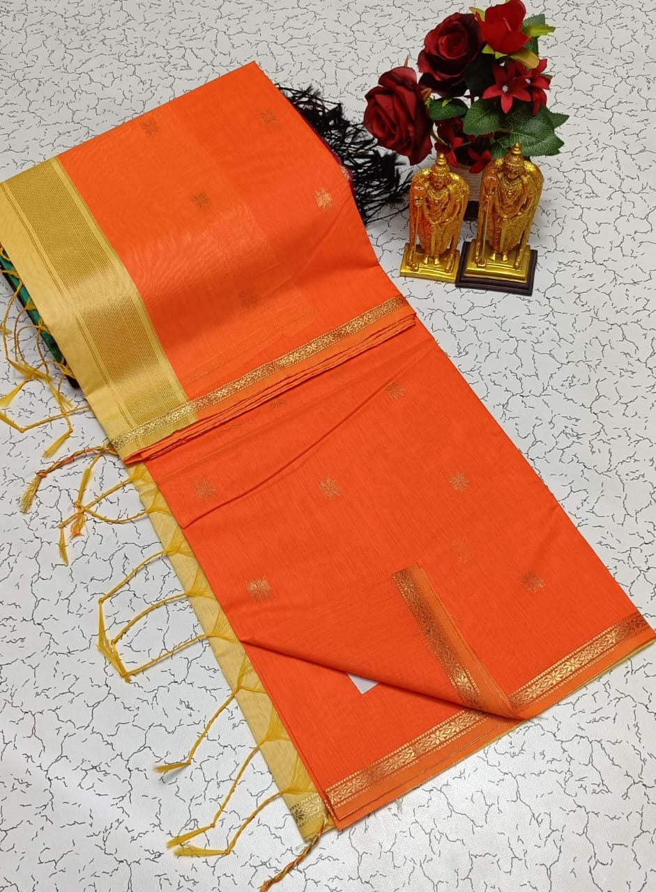 Maheswari Cotton – Bright Orange & Beige Border