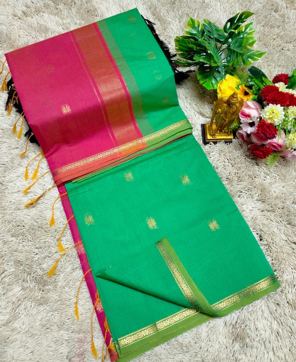 Maheswari Cotton – Leaf Green & Pink Border
