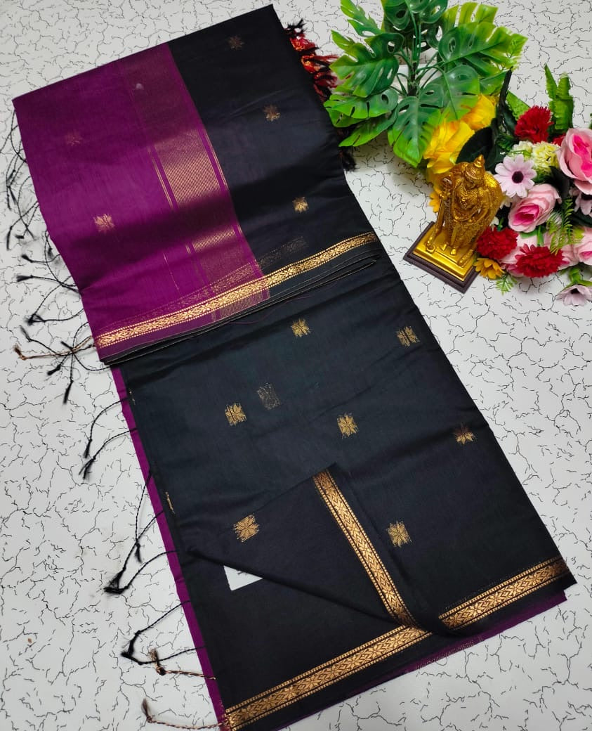 Maheswari Cotton – Midnight Black with Royal Violet Border